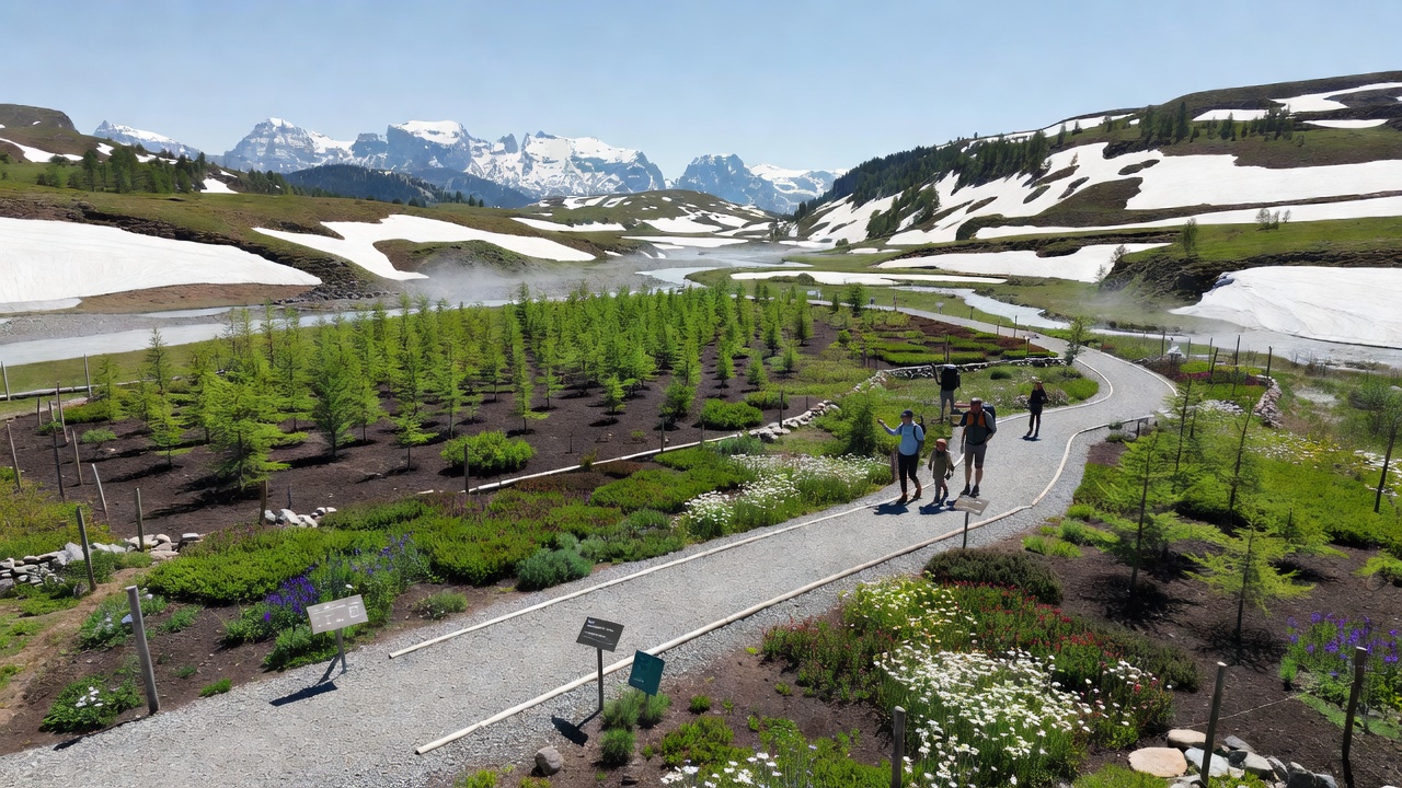 Hikers and cyclists using newly opened trails through restored valley terrain near Beluno