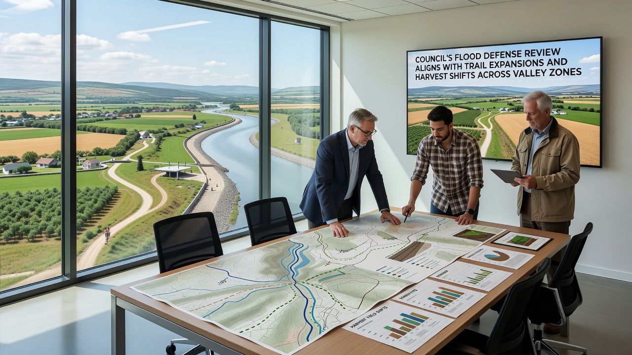 Farmers adjusting harvest operations near newly expanded trails and flood barriers